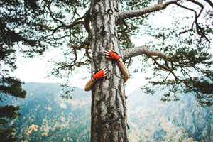 arms with red fingerless gloves hugging a tree